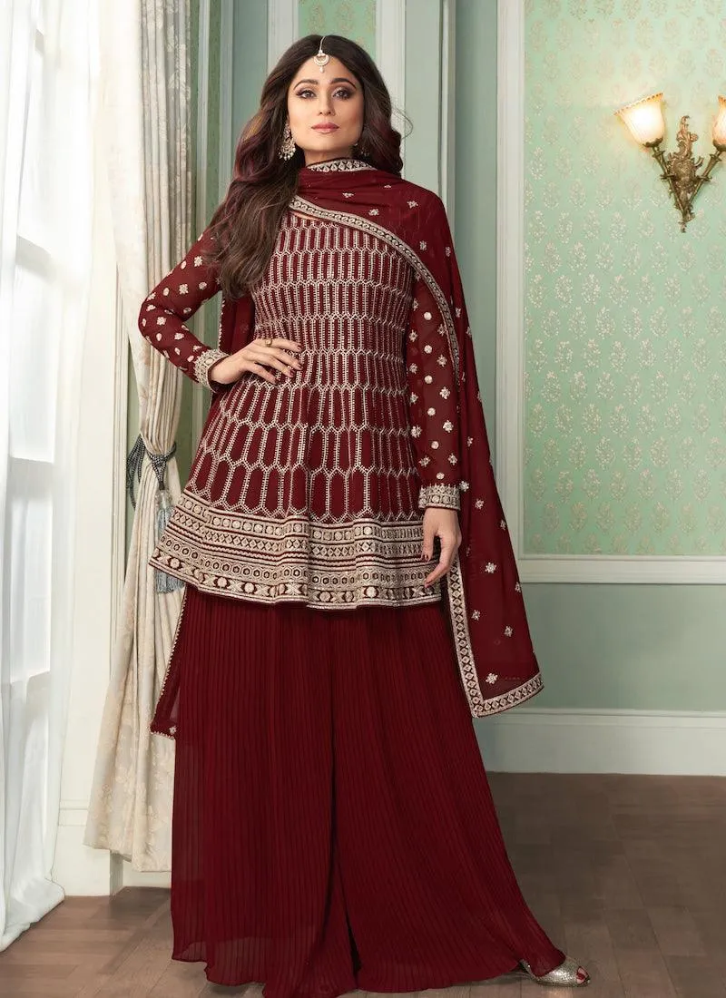 Adorable Maroon Color Georgette Base Heavy Work Weeding Wear Sharara Suit