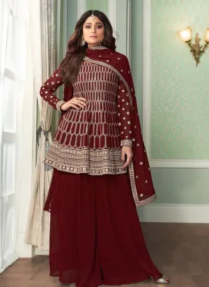 Adorable Maroon Color Georgette Base Heavy Work Weeding Wear Sharara Suit