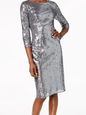 Adrianna Papell Womens Silver Sequined 3/4 Sleeve Jewel Neck Dress