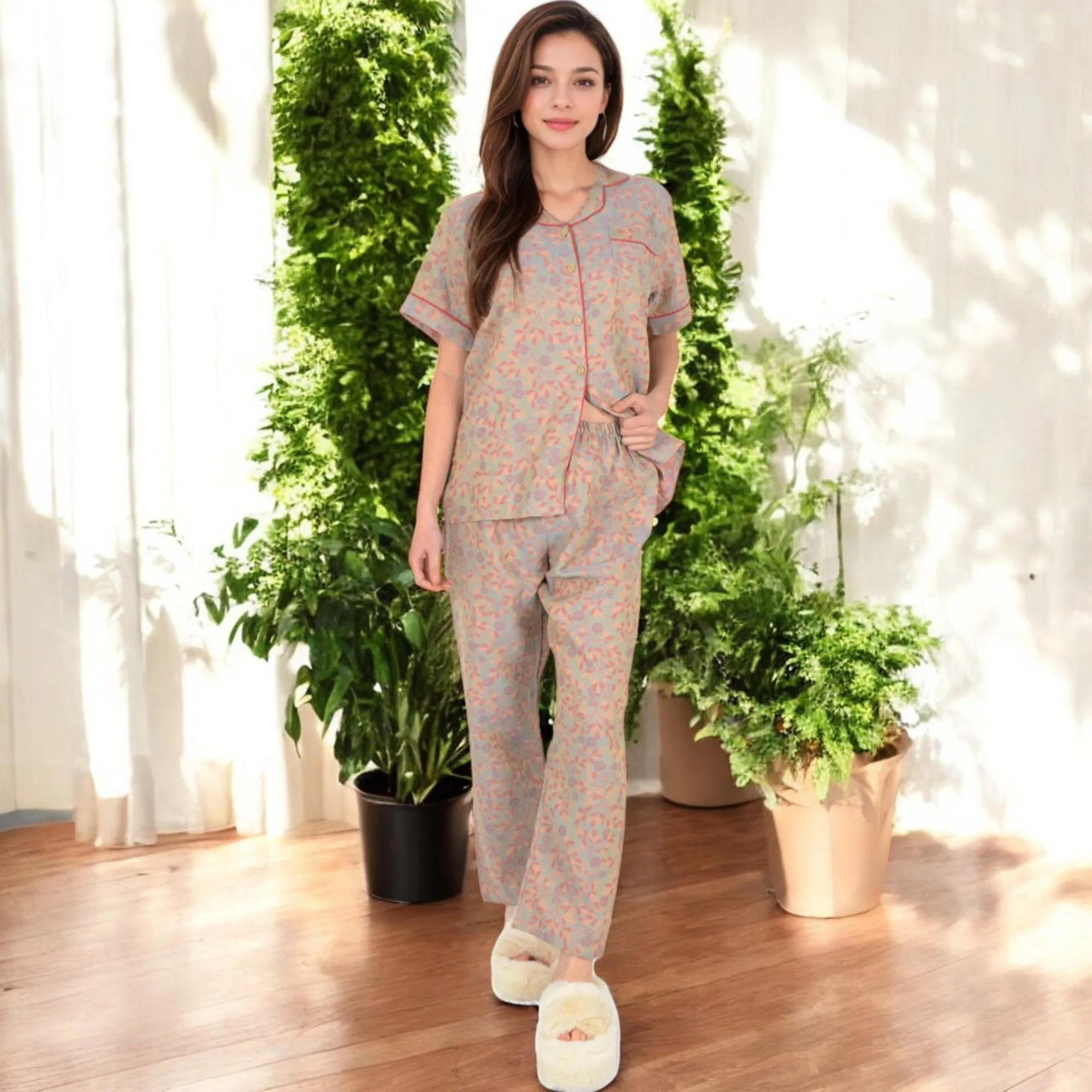 Anna-Kaci Women's Floral Print Short Sleeve Pajama Set with Button-Up Top and Piping Details