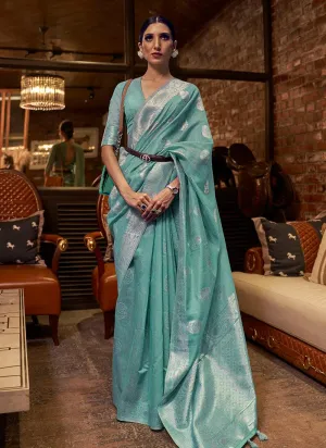 Appreciative Turquoise Color Silk Weave Saree With Half Sleeve Blouse