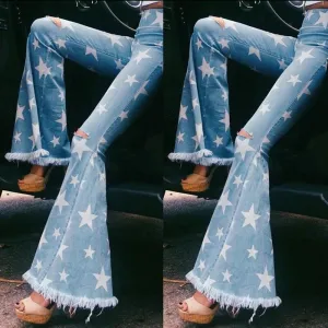Ashore Shop Womans Pants Skinny Star Shape Printed with Tassel Stretchy Denim Jeans Sexy High Street Bell Bottoms Vintage Flare Pants