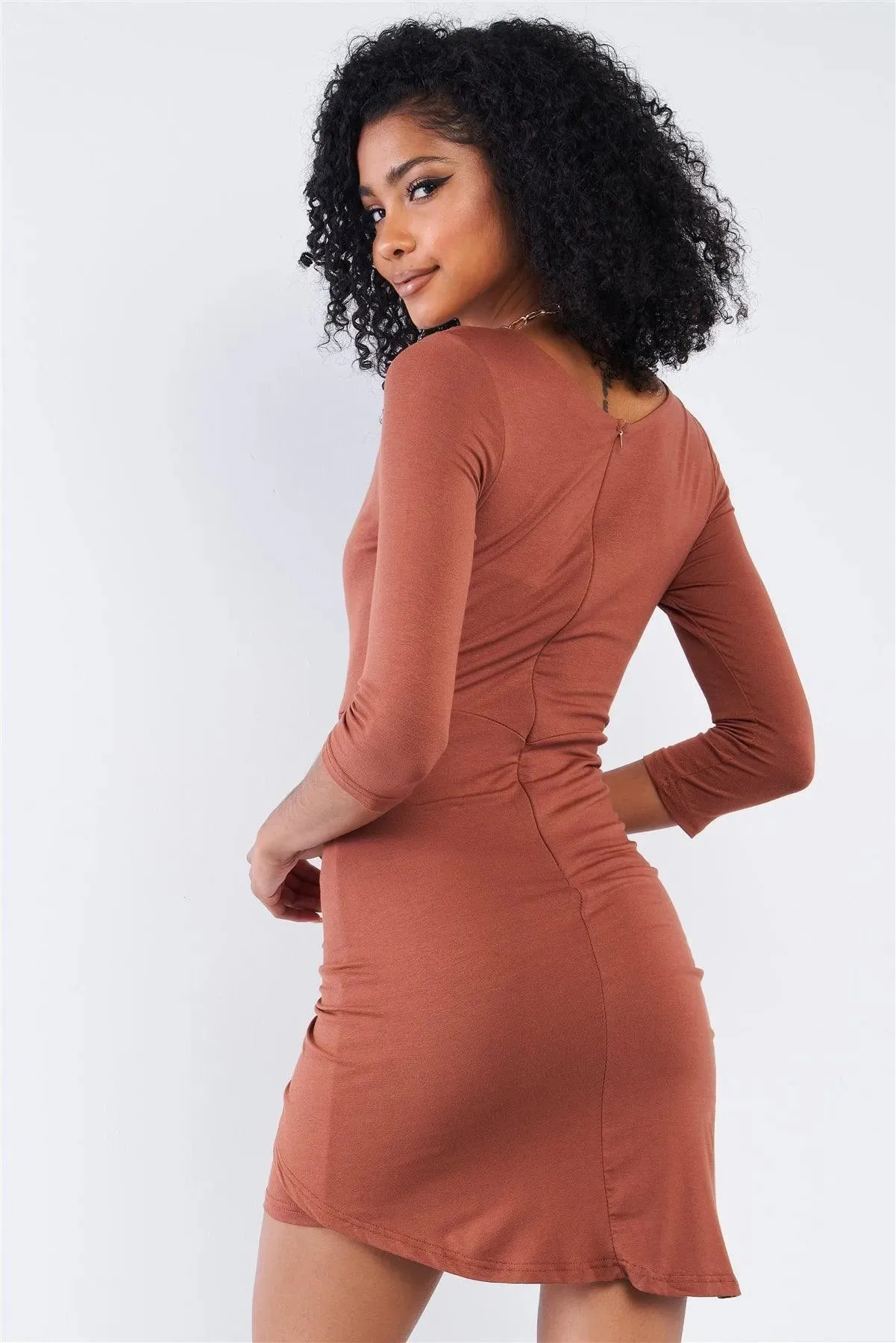 Asymmetrical Tight Fit Midi Sleeve Round Neck Front Twist Wrap Detail Mini Dress