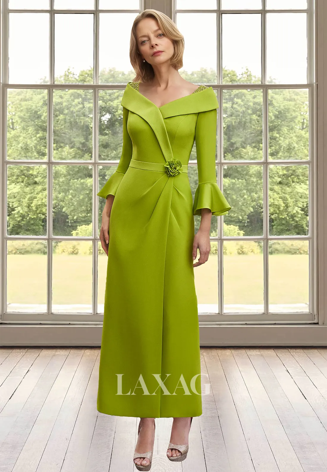 Bell-Long-Sleeves V-Neck Cocktail Gowns Satin Pleated Midi Mermaid Mother of the Bride Dress