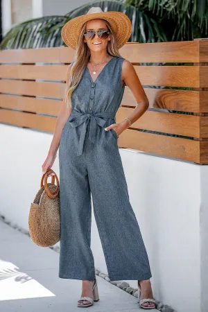 Belted V-Neck Buttoned Jumpsuit