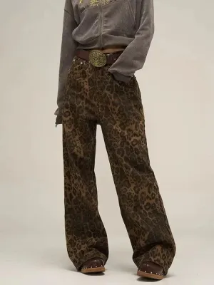 Bonnyshow Tan Leopard Jeans Women Denim Pants Female Oversize Wide Leg Trousers Streetwear Hip Hop Vintage Clothes Loose Casual