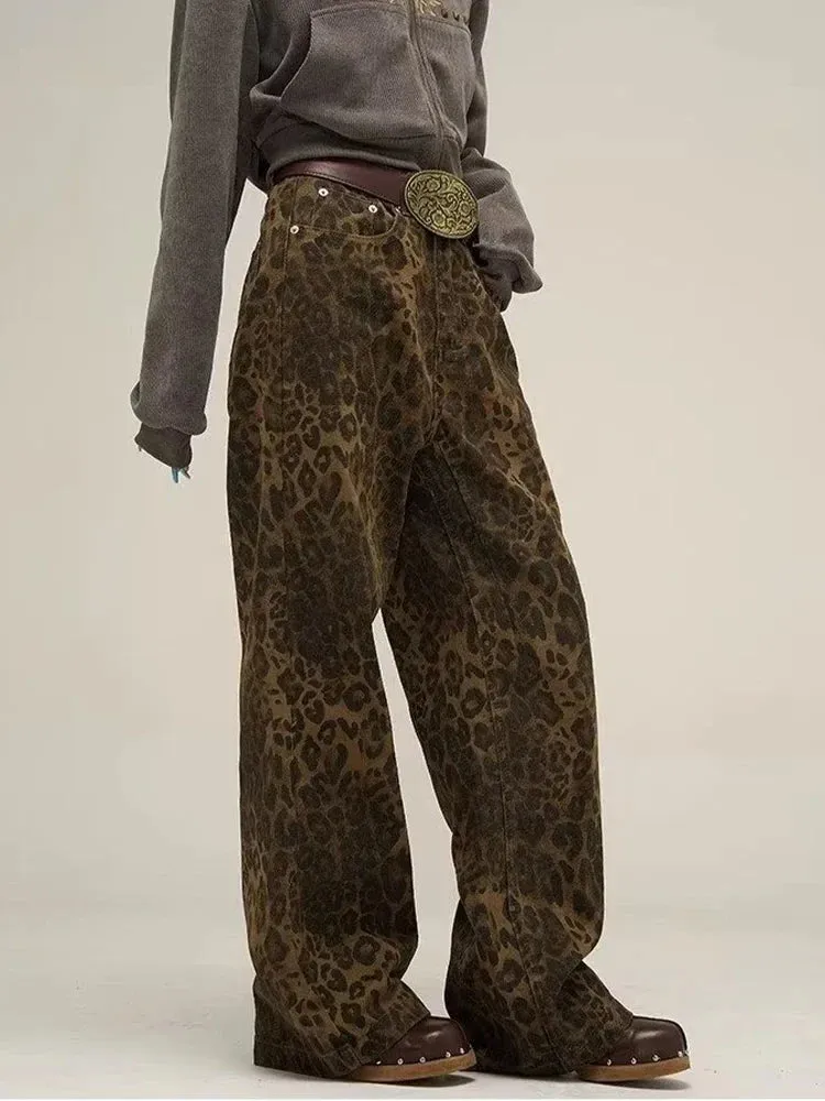 Bonnyshow Tan Leopard Jeans Women Denim Pants Female Oversize Wide Leg Trousers Streetwear Hip Hop Vintage Clothes Loose Casual