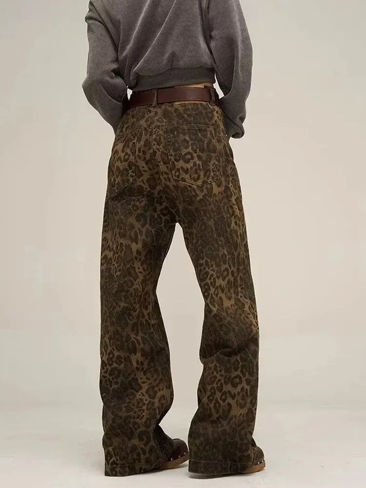 Bonnyshow Tan Leopard Jeans Women Denim Pants Female Oversize Wide Leg Trousers Streetwear Hip Hop Vintage Clothes Loose Casual