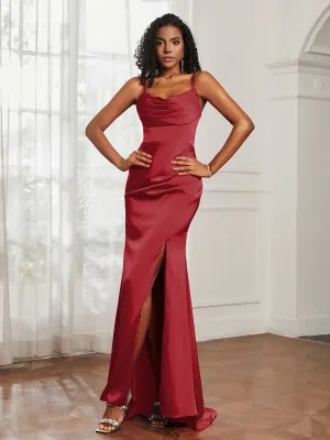 Cowl Neck Sweep Train Mermaid Satin Prom Dress Burgundy