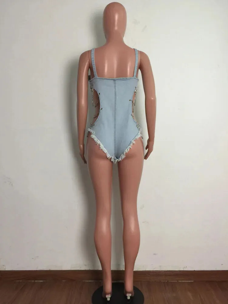 Denim Casual Bodysuit Sexy Women's Spaghetti Strap Bodycon Swimsuit Rompers