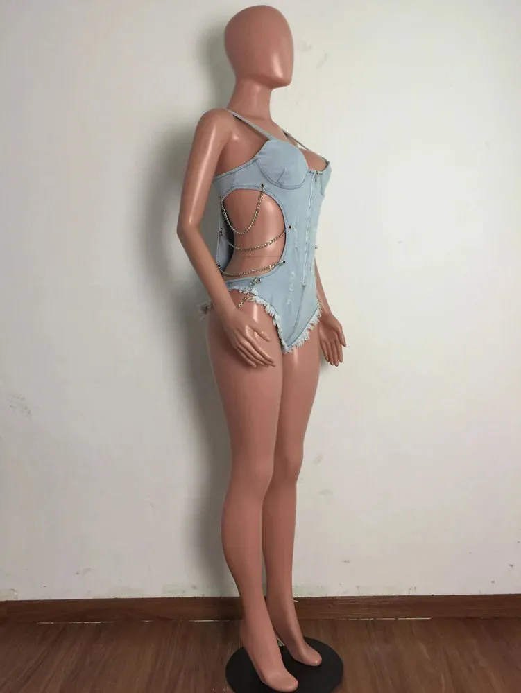 Denim Casual Bodysuit Sexy Women's Spaghetti Strap Bodycon Swimsuit Rompers