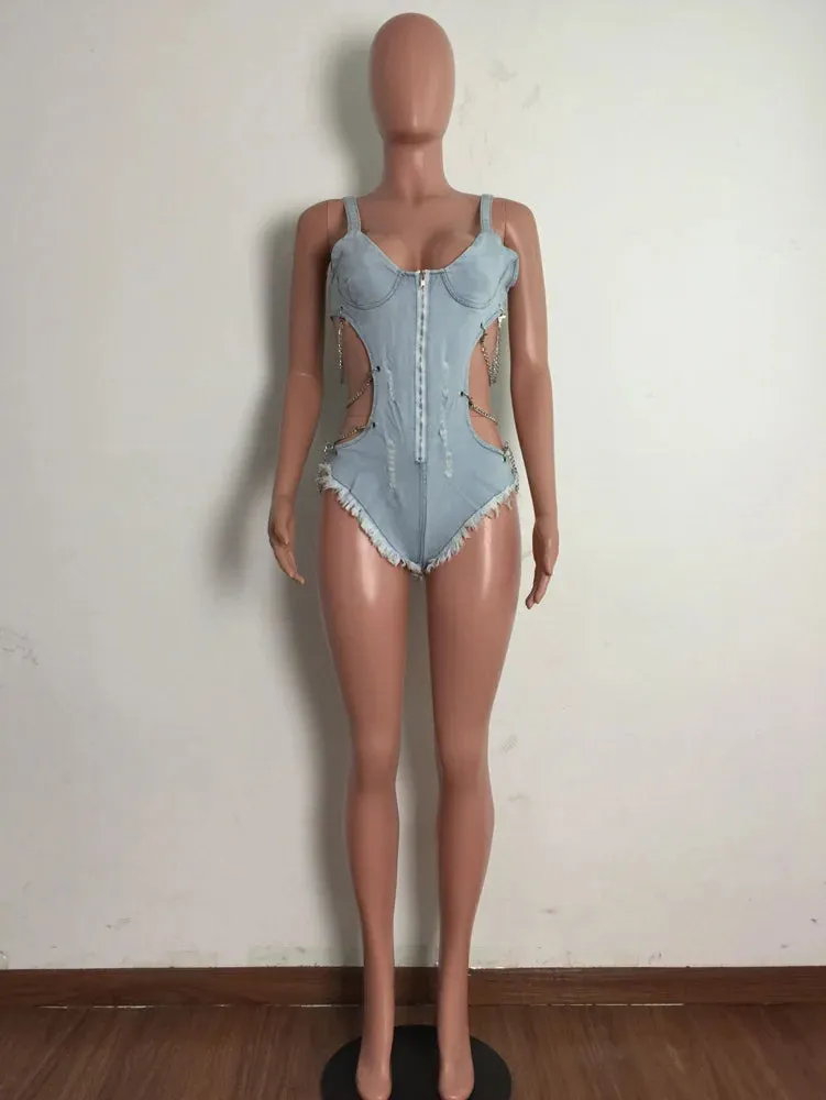 Denim Casual Bodysuit Sexy Women's Spaghetti Strap Bodycon Swimsuit Rompers