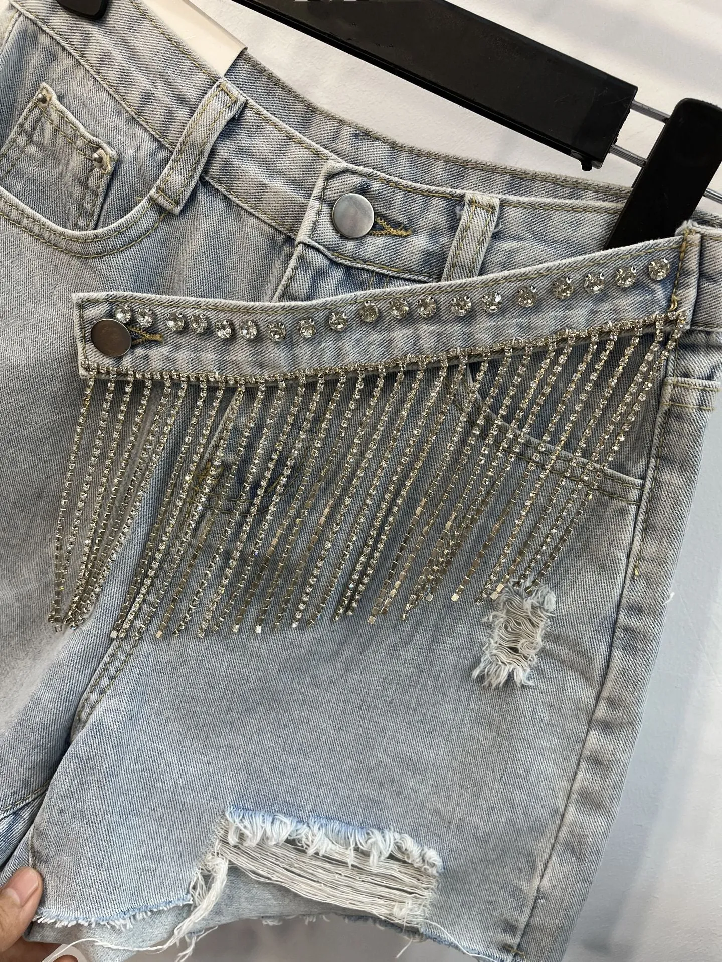Denim shorts women's summer loose and thin hole rhinestone tassel a-line wide-leg
