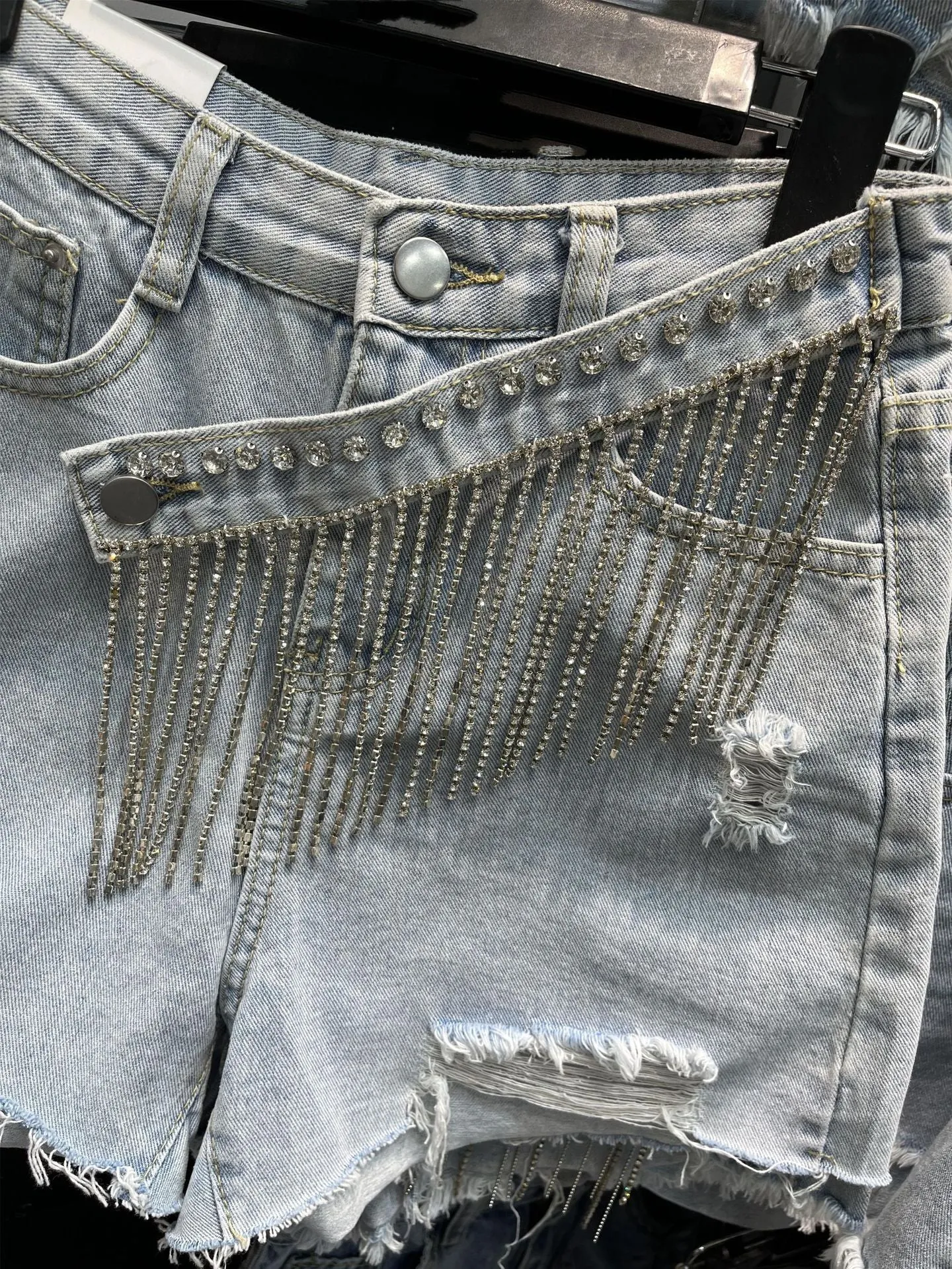 Denim shorts women's summer loose and thin hole rhinestone tassel a-line wide-leg
