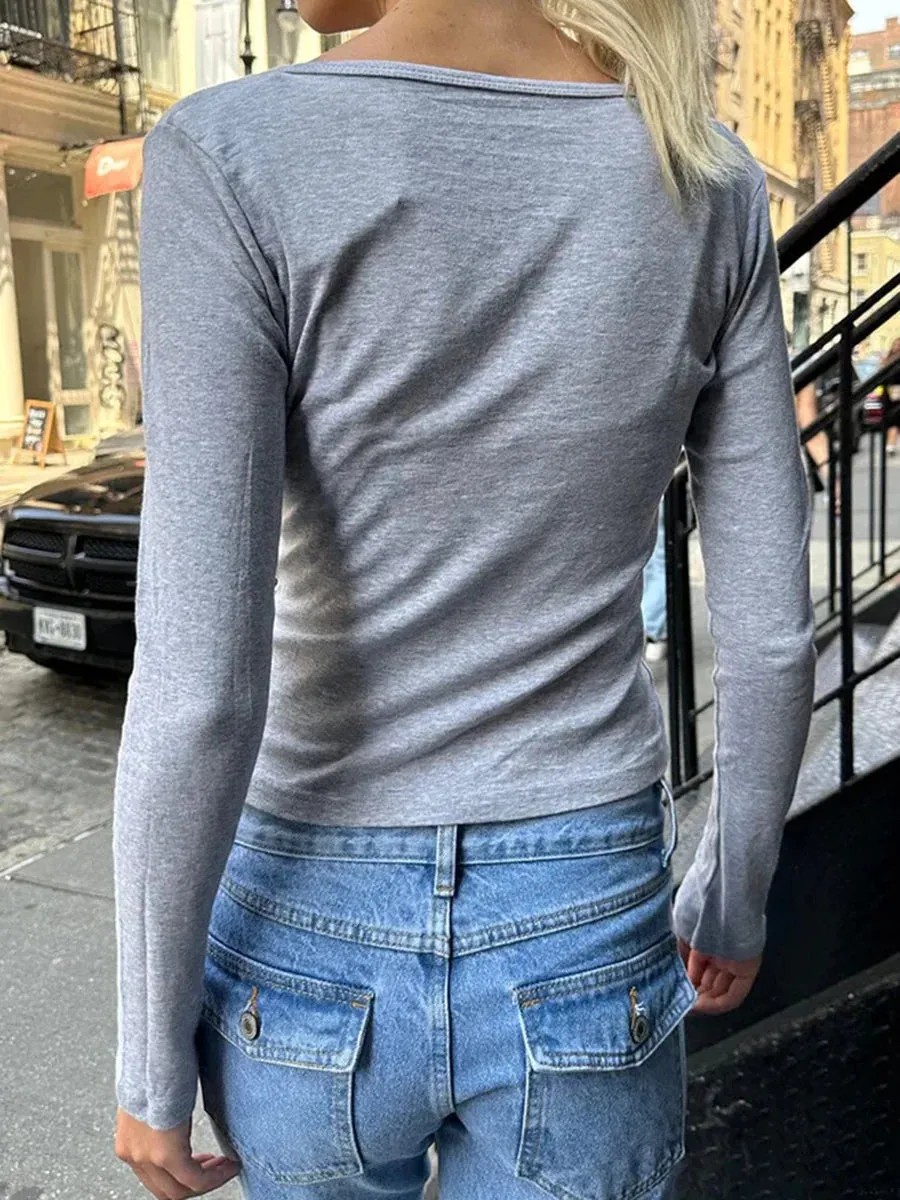 Girlary Three Buttons Solid Long Sleeve T-Shirt Woman Summer Round Neck Slim Cotton Tee Sweet Cute Simple Casual Tshirt Top Clothing