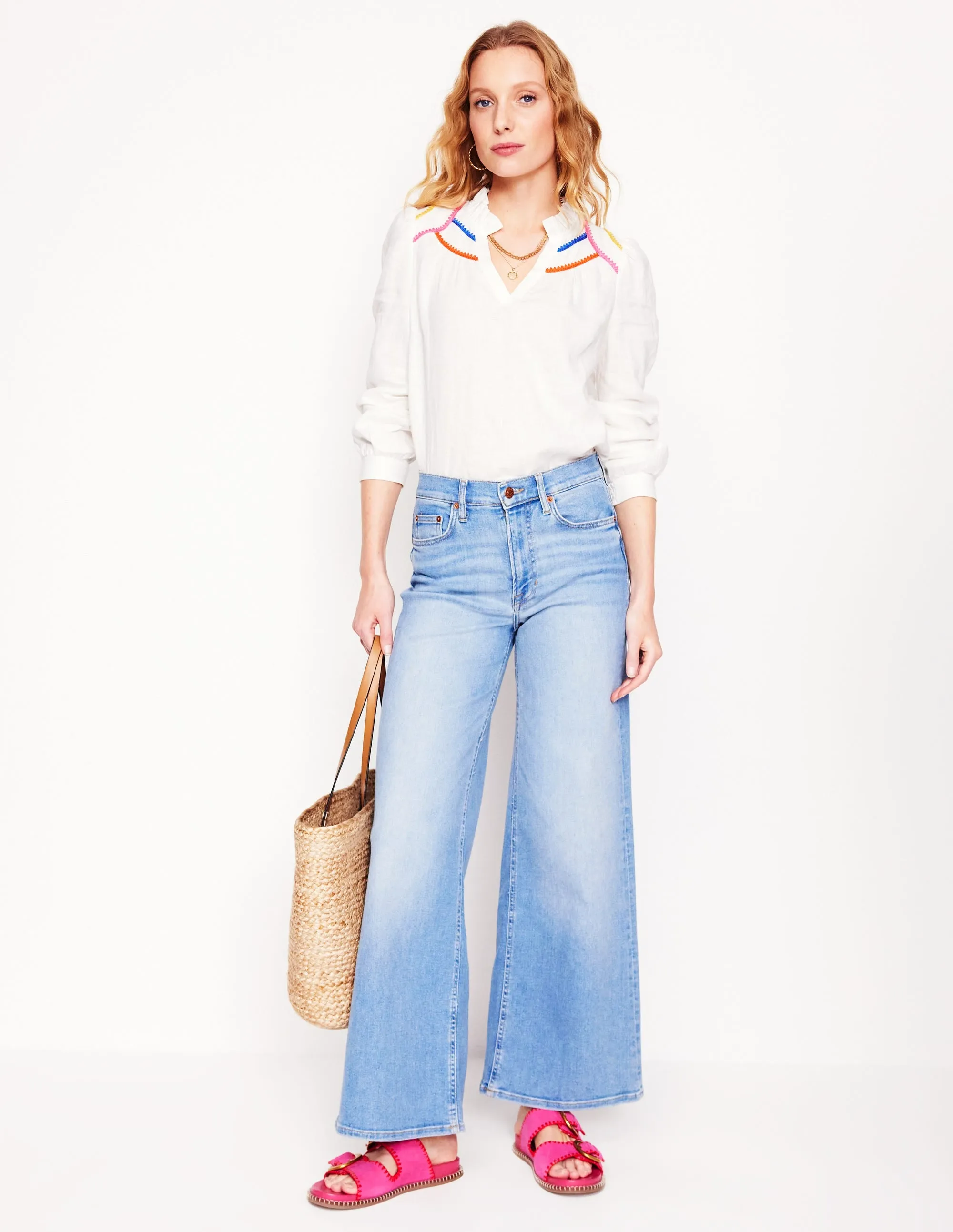 Grace Linen Top-White, Multi Stitch