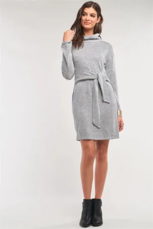 Heather Grey Knit Long Sleeve Turtleneck Self-Tie Waist Detail Mini Sweater Dress /2-2-2