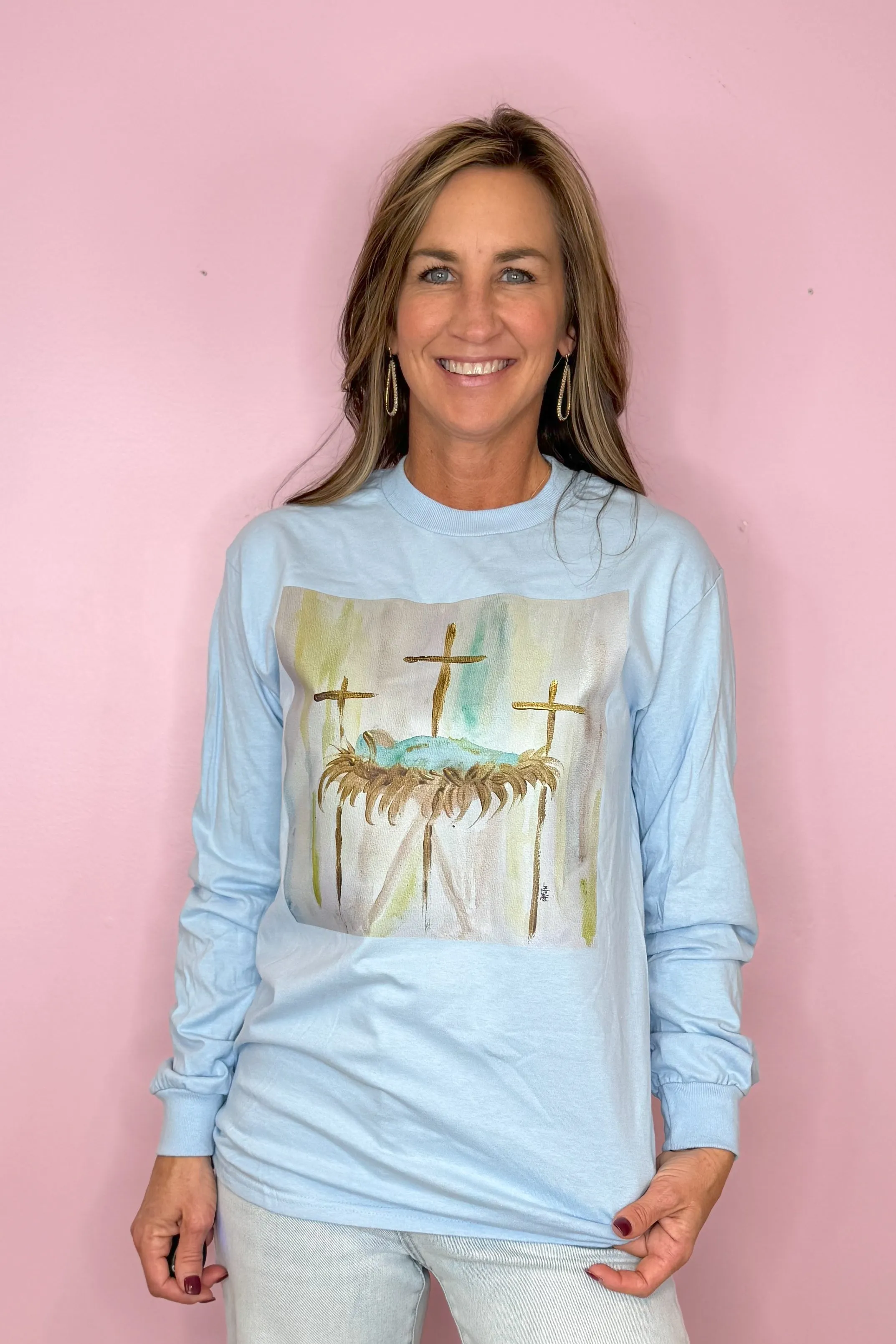 Jesus & Crosses Light Blue Long Sleeve Graphic Tee