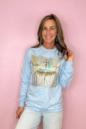 Jesus & Crosses Light Blue Long Sleeve Graphic Tee