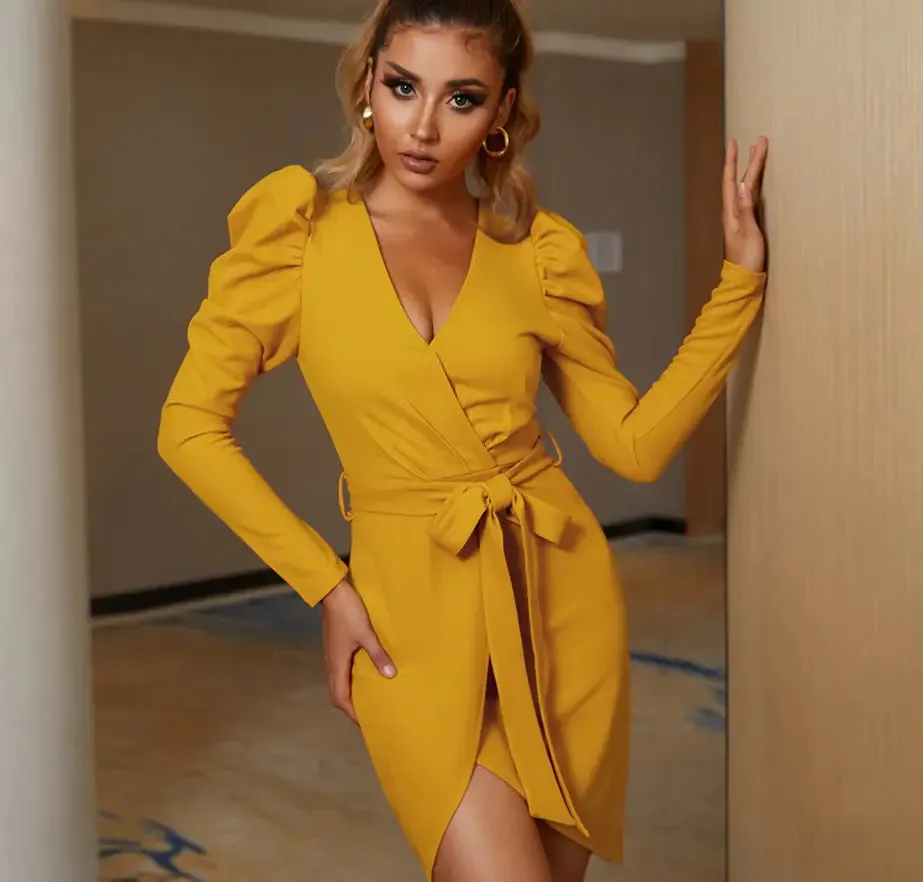 Long Puff Sleeve V-Neck Sashes Evening Mini Dress