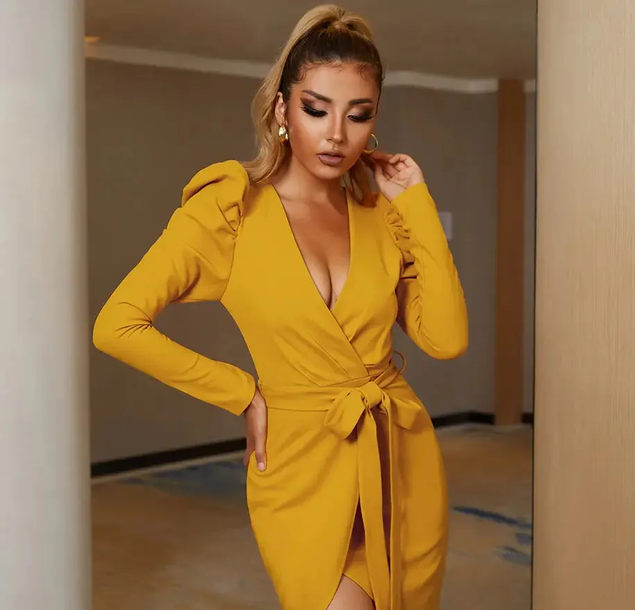 Long Puff Sleeve V-Neck Sashes Evening Mini Dress