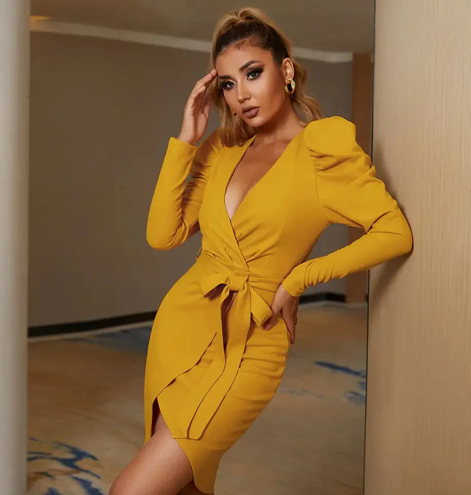 Long Puff Sleeve V-Neck Sashes Evening Mini Dress