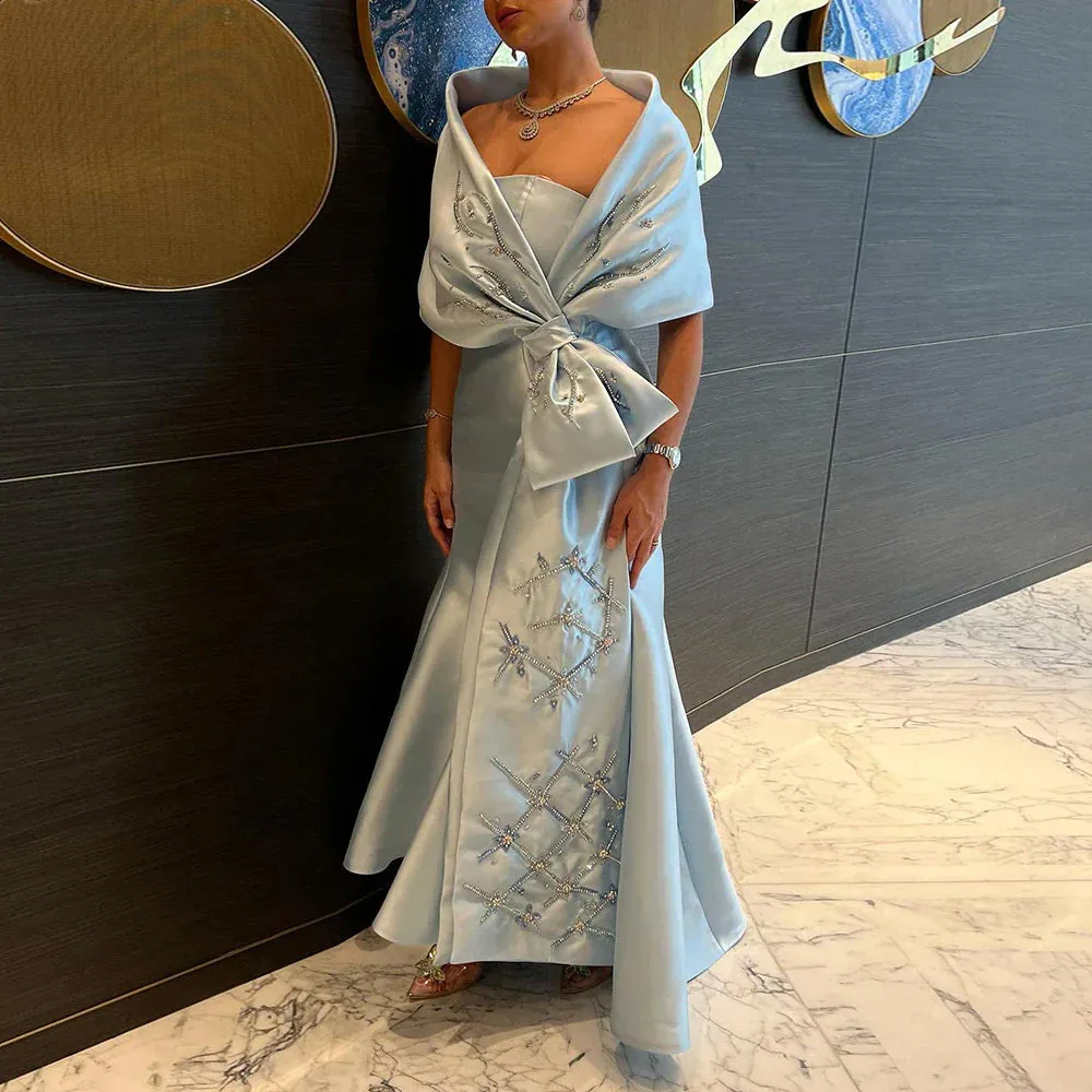 Luxury Blue Mermaid Evening Dress with Beaded Cape Shawl SS333