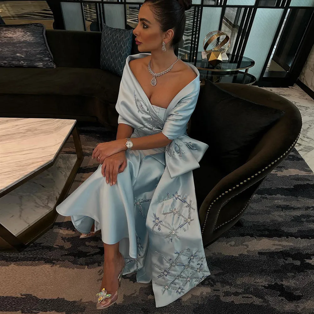 Luxury Blue Mermaid Evening Dress with Beaded Cape Shawl SS333
