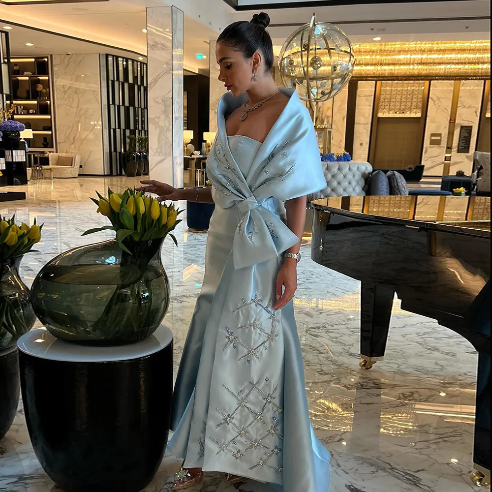 Luxury Blue Mermaid Evening Dress with Beaded Cape Shawl SS333
