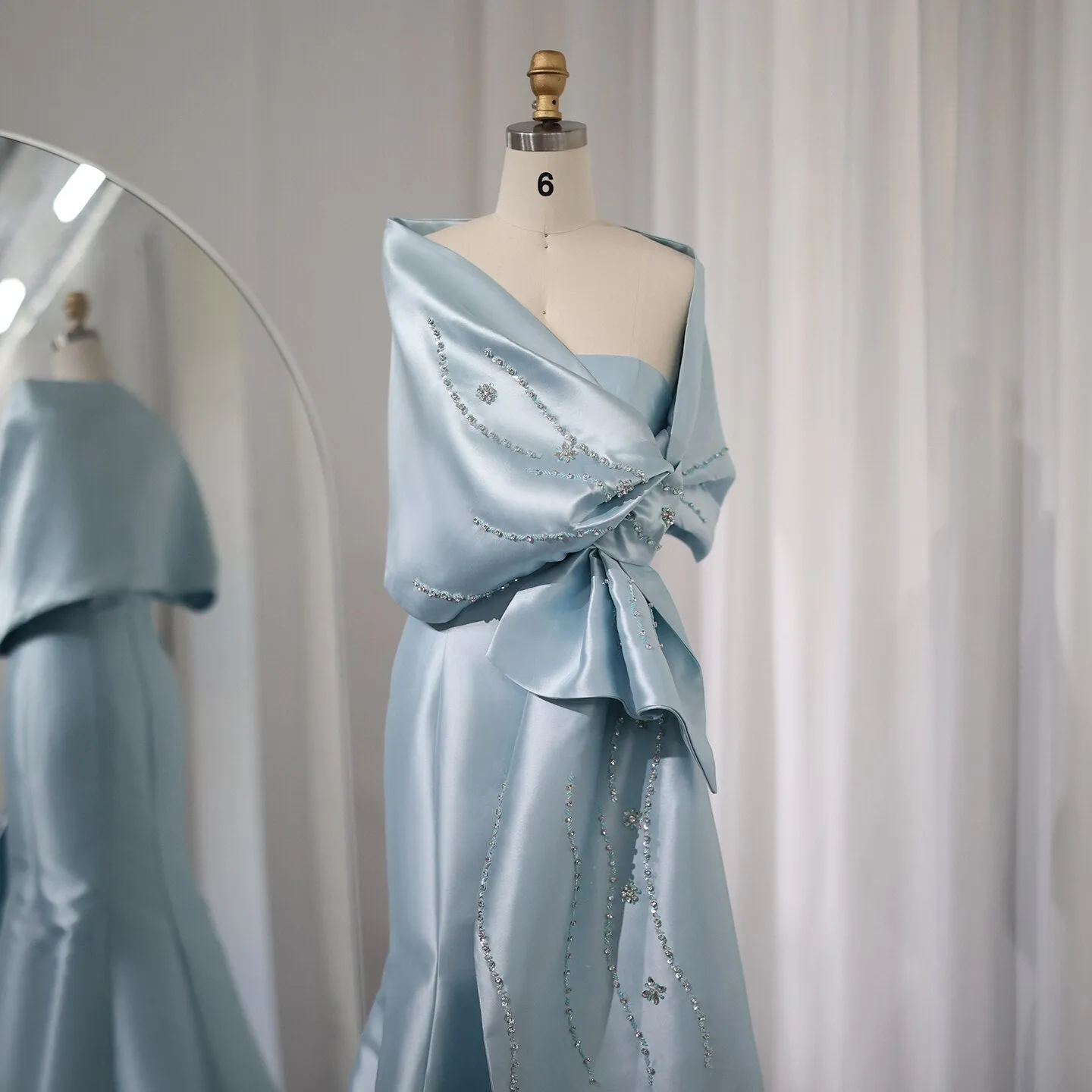 Luxury Blue Mermaid Evening Dress with Beaded Cape Shawl SS333