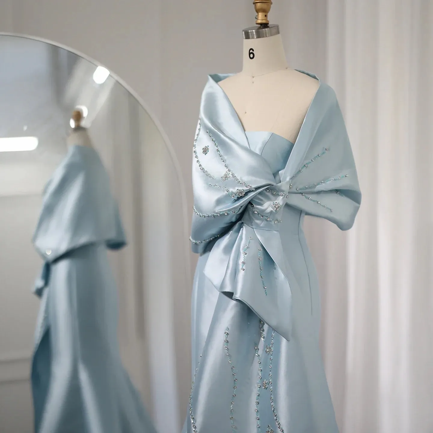 Luxury Blue Mermaid Evening Dress with Beaded Cape Shawl SS333