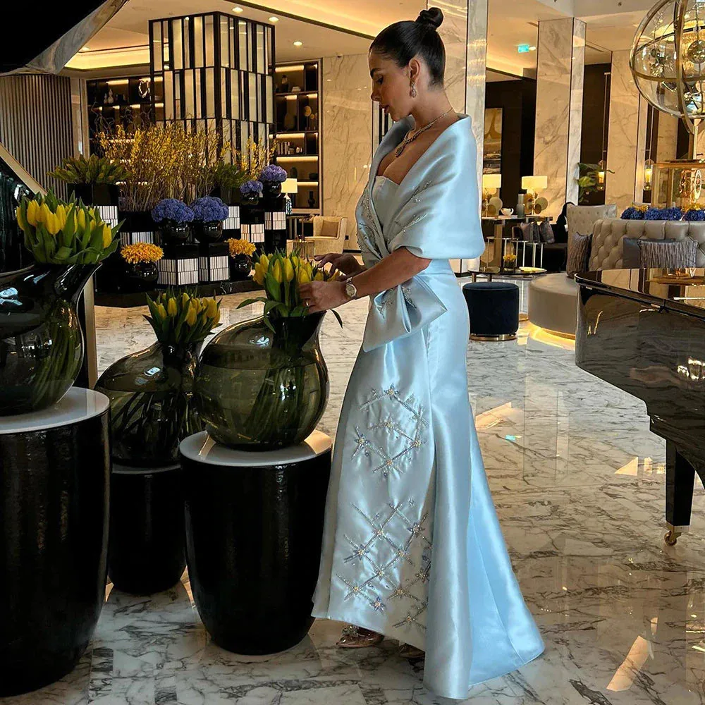 Luxury Blue Mermaid Evening Dress with Beaded Cape Shawl SS333
