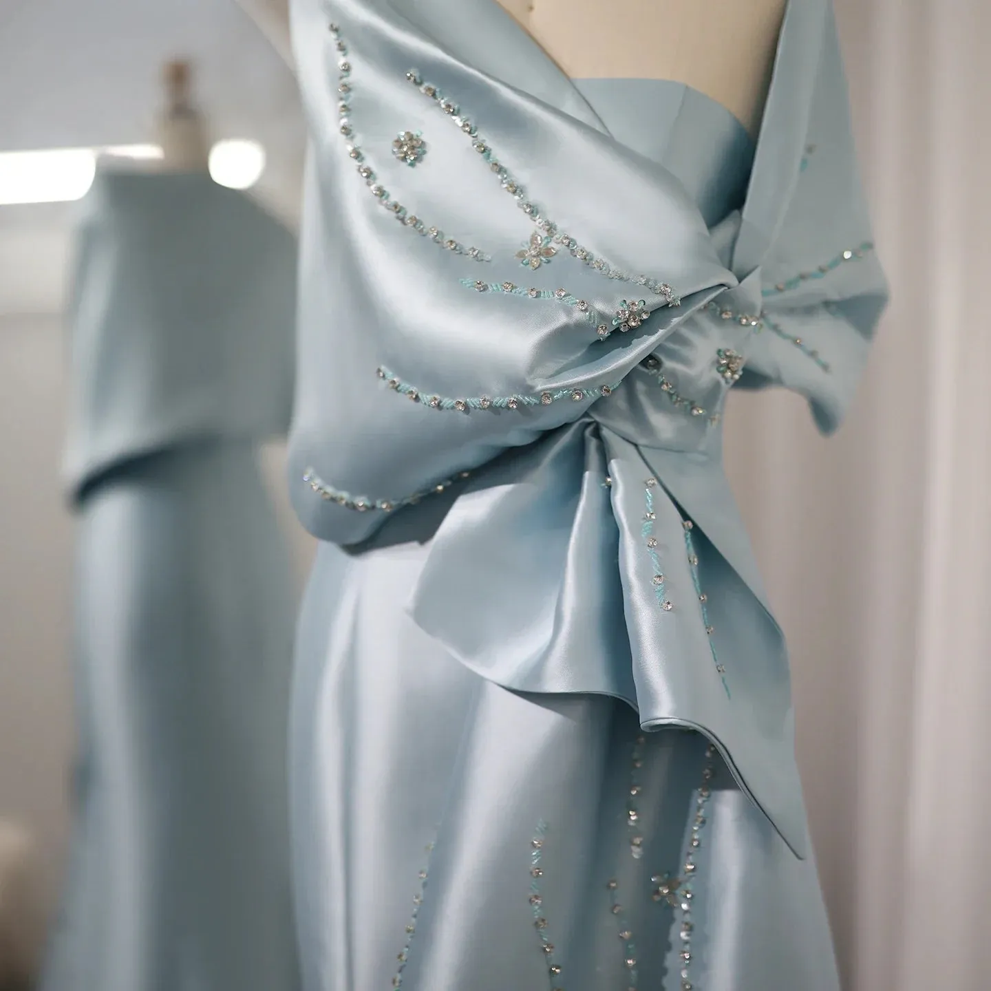 Luxury Blue Mermaid Evening Dress with Beaded Cape Shawl SS333
