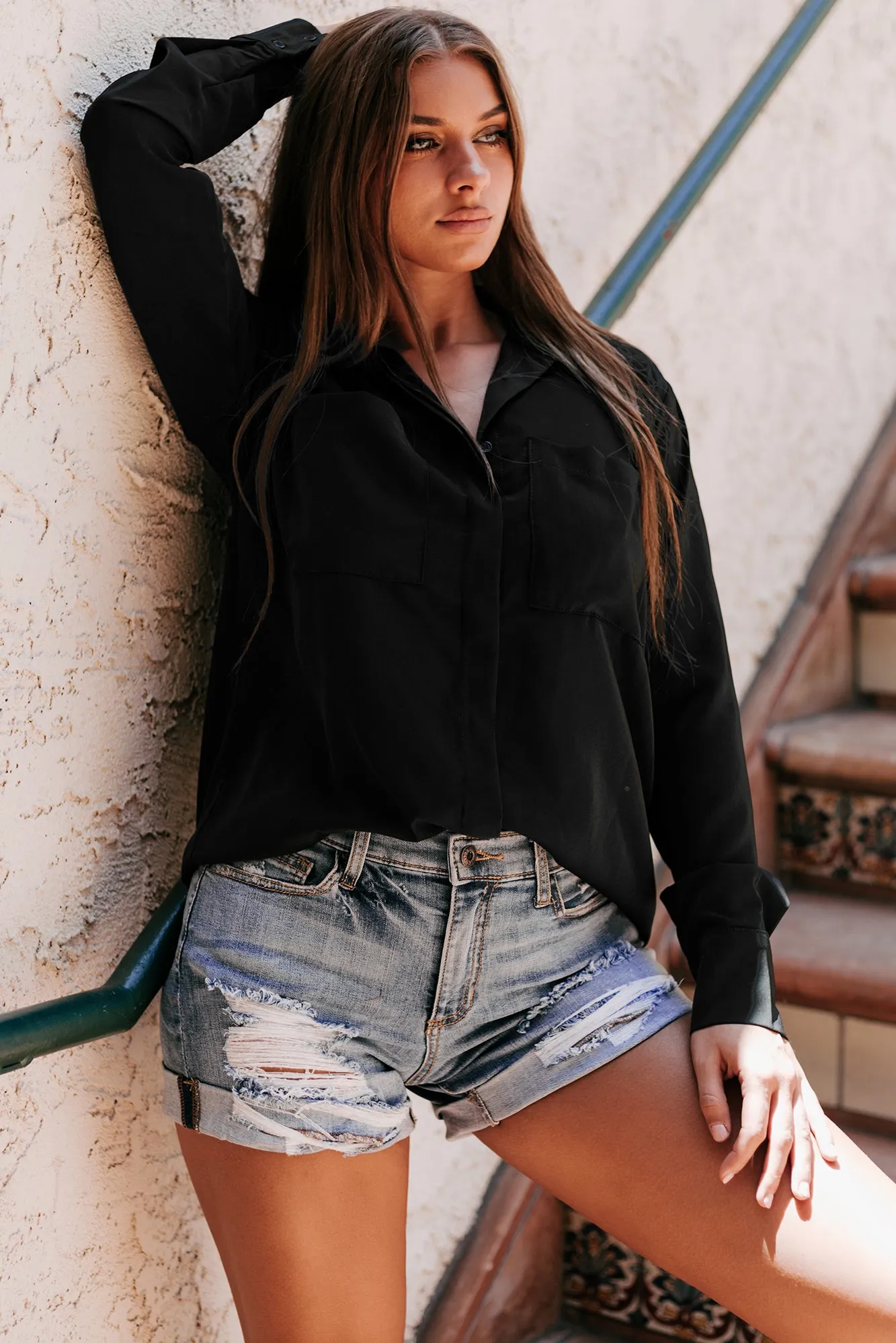 Martina Long Sleeve Button-Down Top (Black)