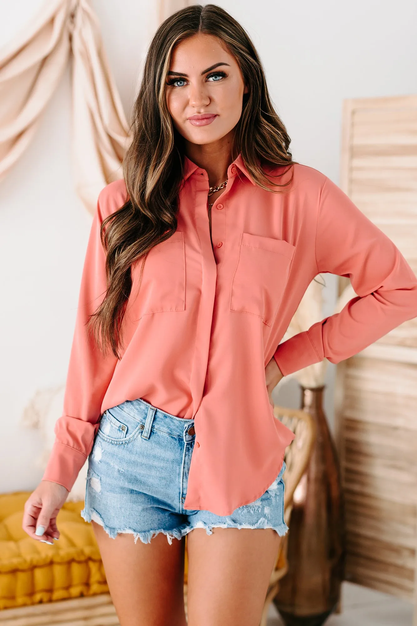 Martina Long Sleeve Button-Down Top (Dusty Pink)