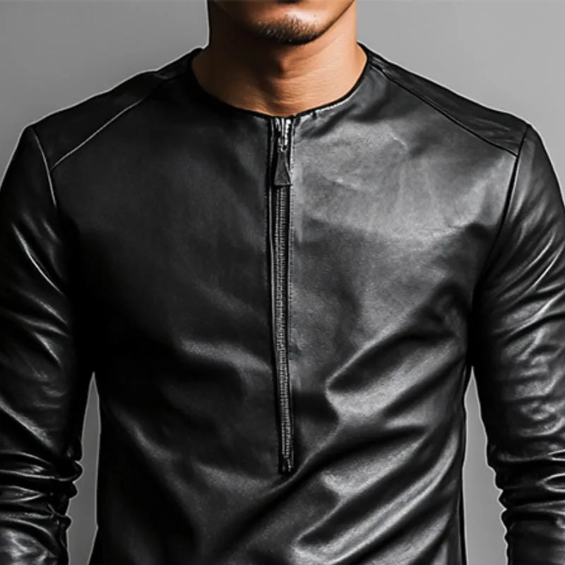 Men's Casual  Round Neck Irregular Hem Leather Long Sleeve T-shirt 82551647K