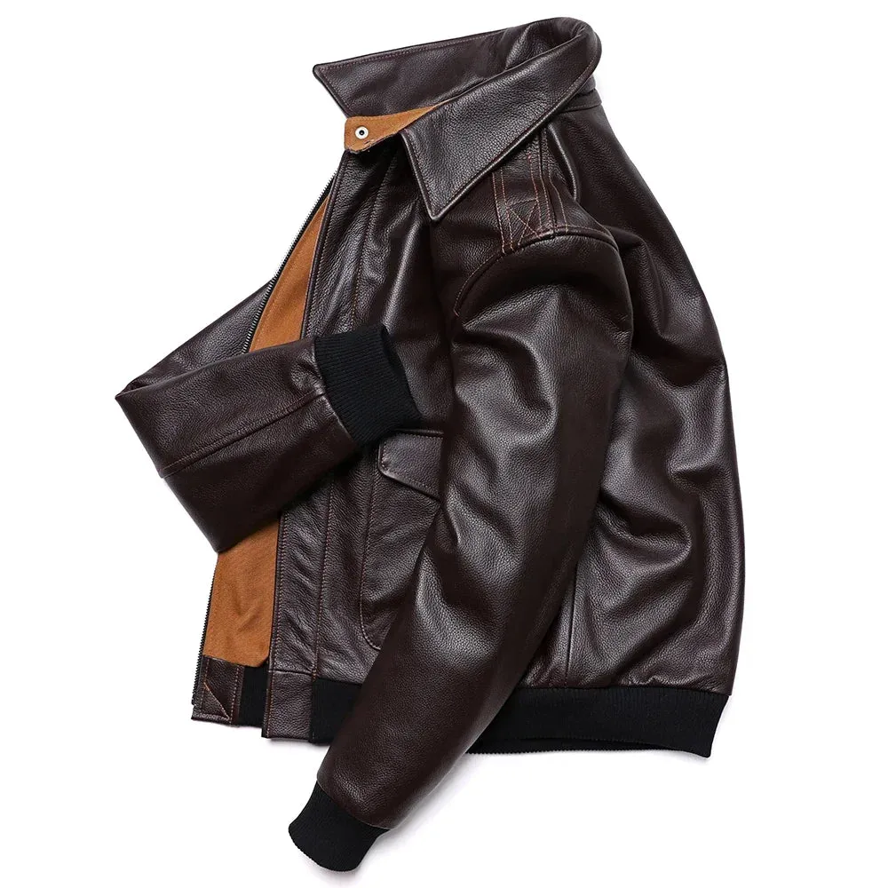 Men's Genuine Leather Jacket – Air Force Cowhide Flight Coat with Turn-Down Collar