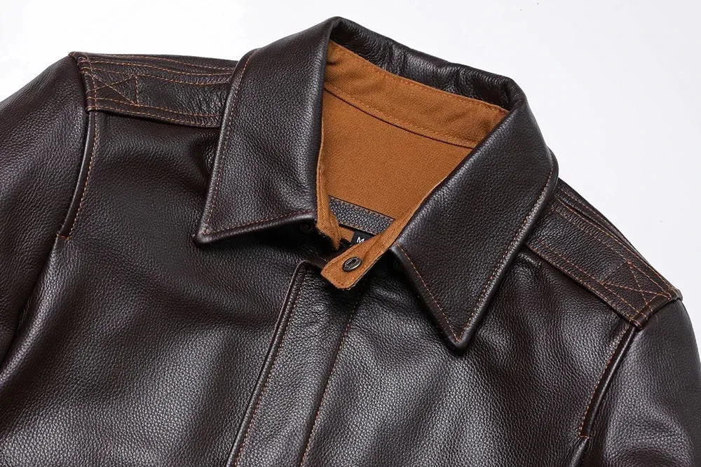 Men's Genuine Leather Jacket – Air Force Cowhide Flight Coat with Turn-Down Collar