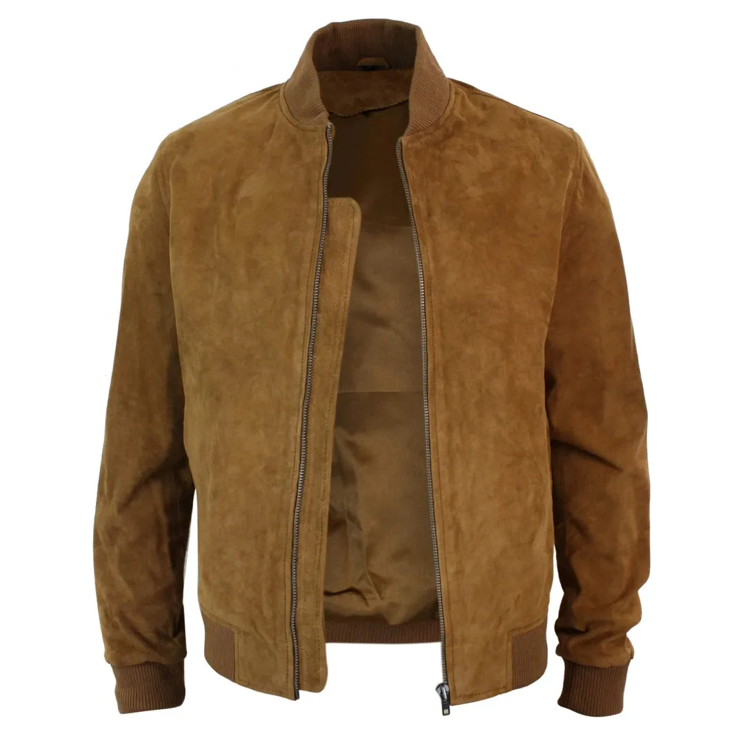 Men's Suede Leather Varsity Bomber College Jacket Classic Camel Black