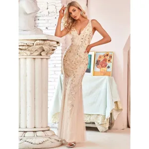 Plus Size Evening Dresses Mermaid Sleeveless V-Neck Sequin Elegant Maxi Dress