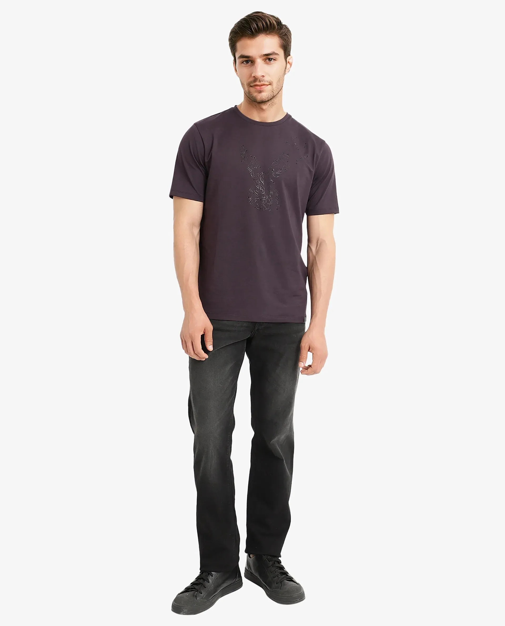 Rare Rabbit Men Emon Dark Purple Cotton Lycra Fabric Short Sleeve Crew Neck Regular Fit Graphic Logo Print T-Shirt
