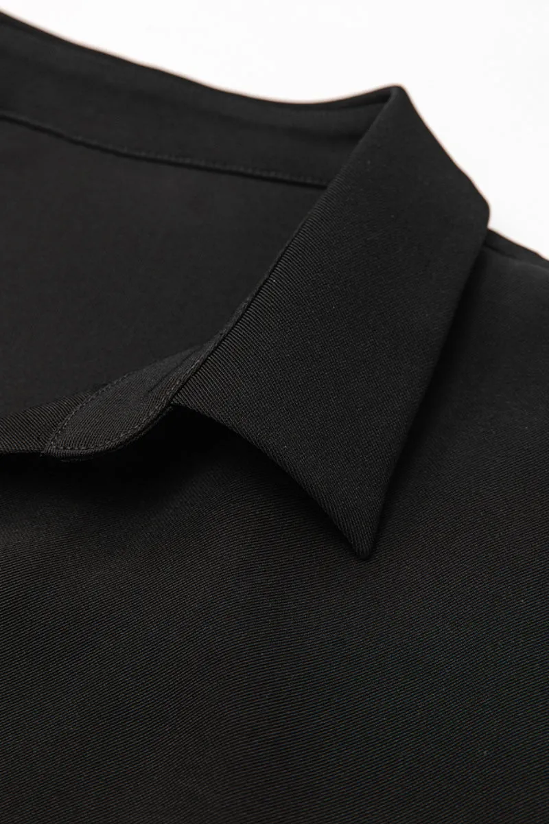 Relaxed Fit Long Sleeve Satin Button-Up Shirt in Black