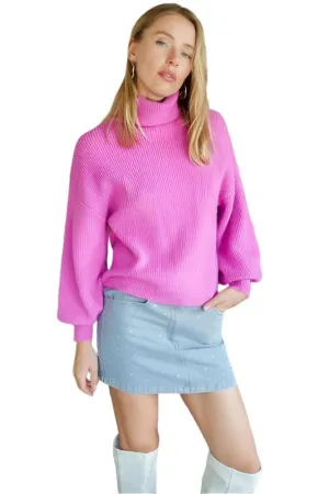 Rib Knitted Turtleneck Sweater with Bishop Sleeve