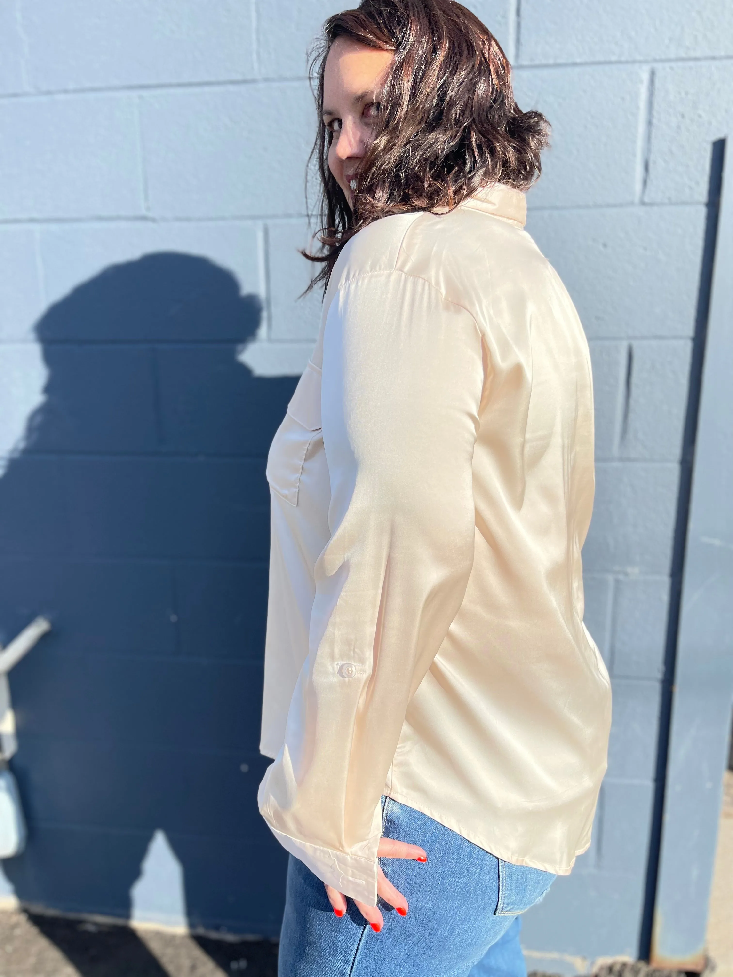 Satin Button Up Long Sleeve Top