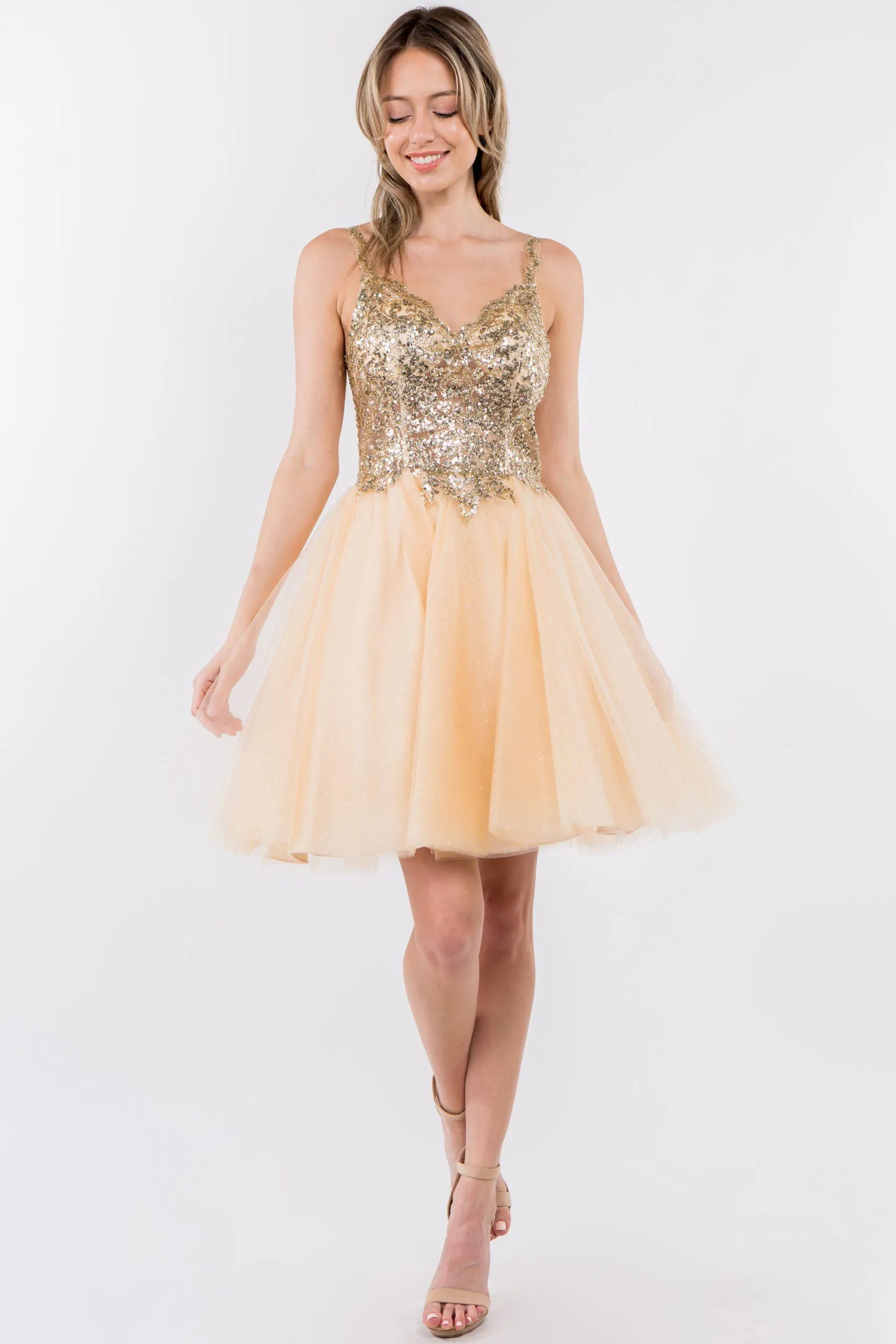 Short Sheer Bodice Glitter Dress by Elizabeth K GS1967