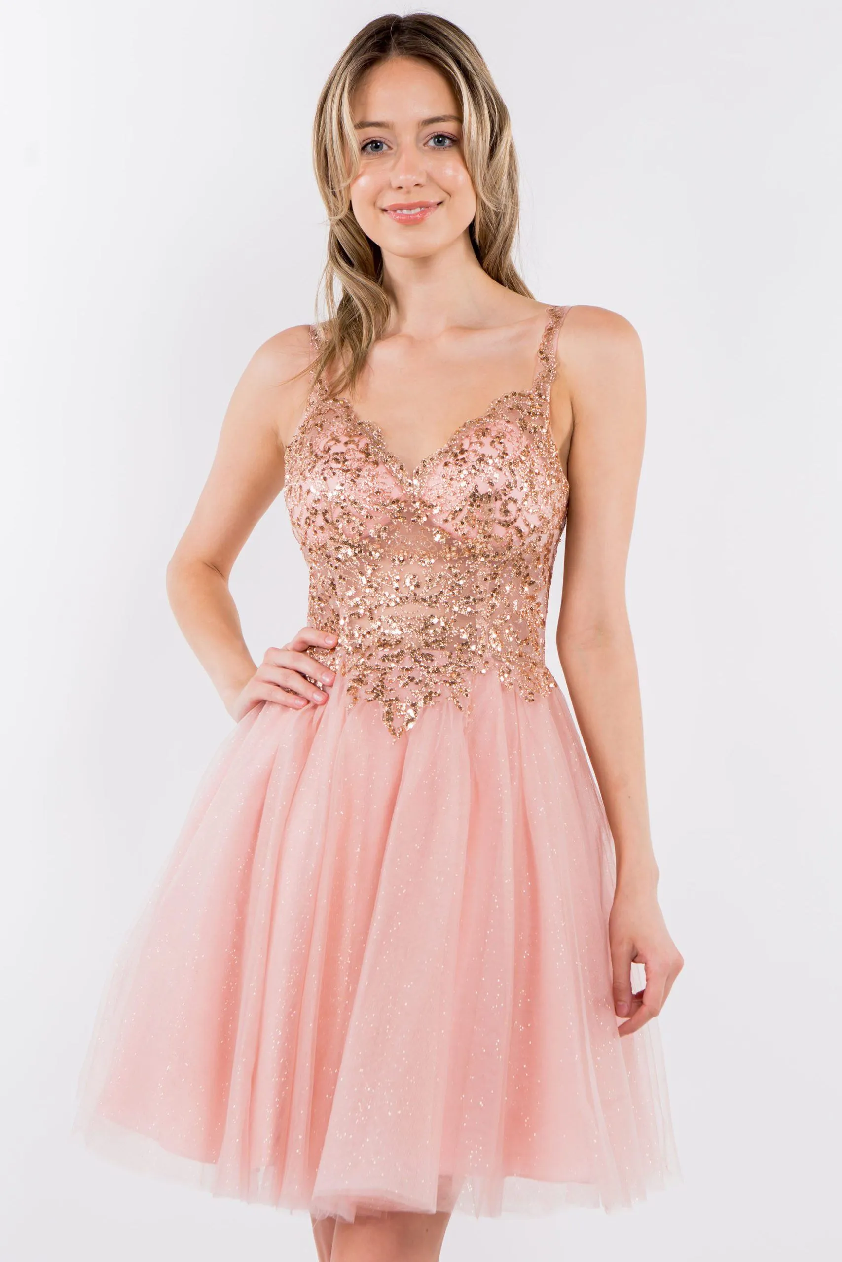 Short Sheer Bodice Glitter Dress by Elizabeth K GS1967