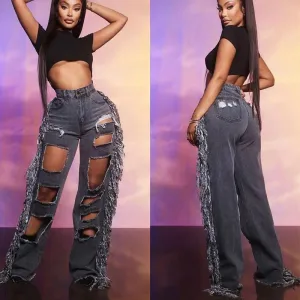 Street Hipster Sexy Big Ripped Tassel Straight Wide Leg Denim Trousers