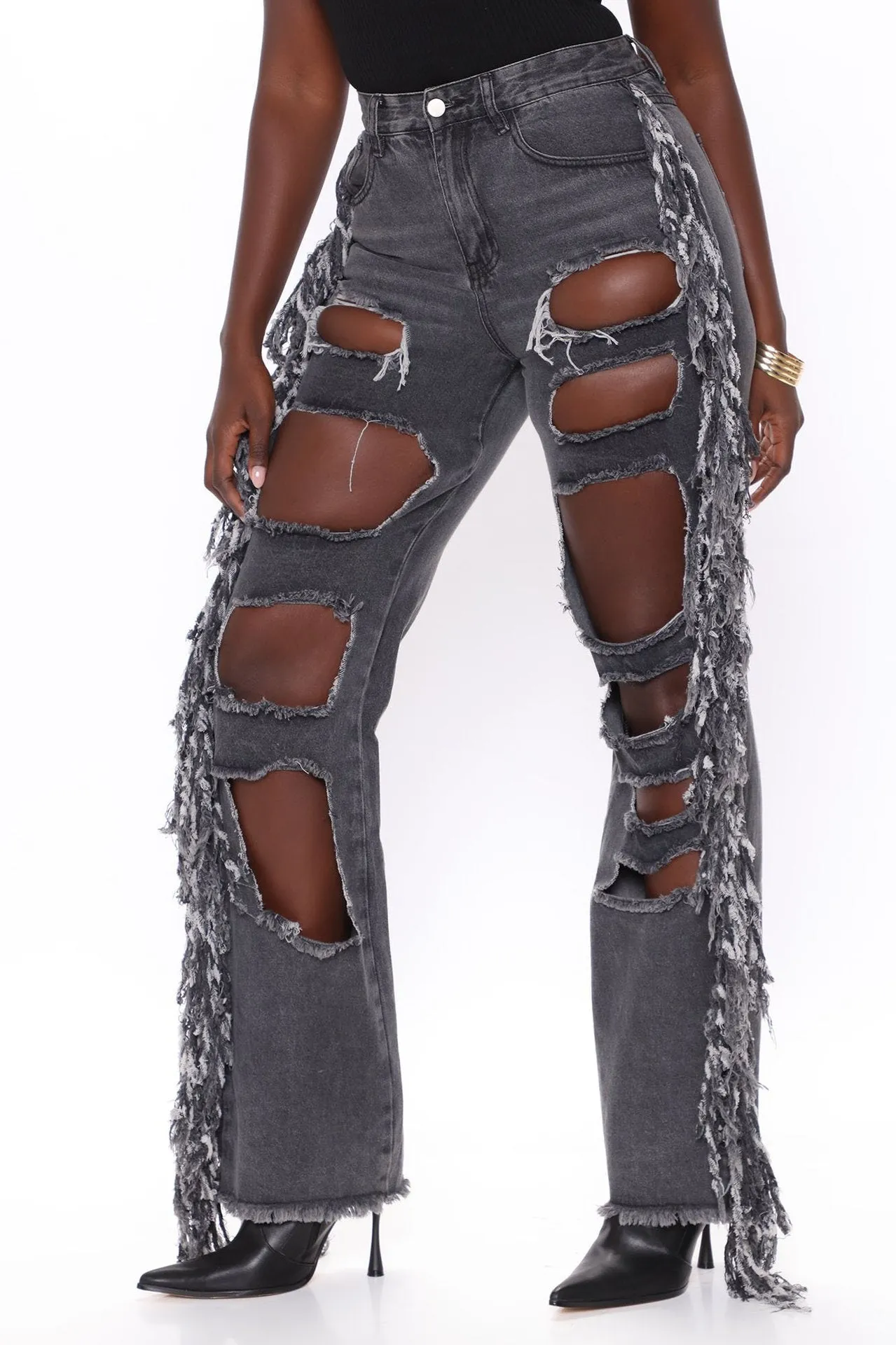 Street Hipster Sexy Big Ripped Tassel Straight Wide Leg Denim Trousers