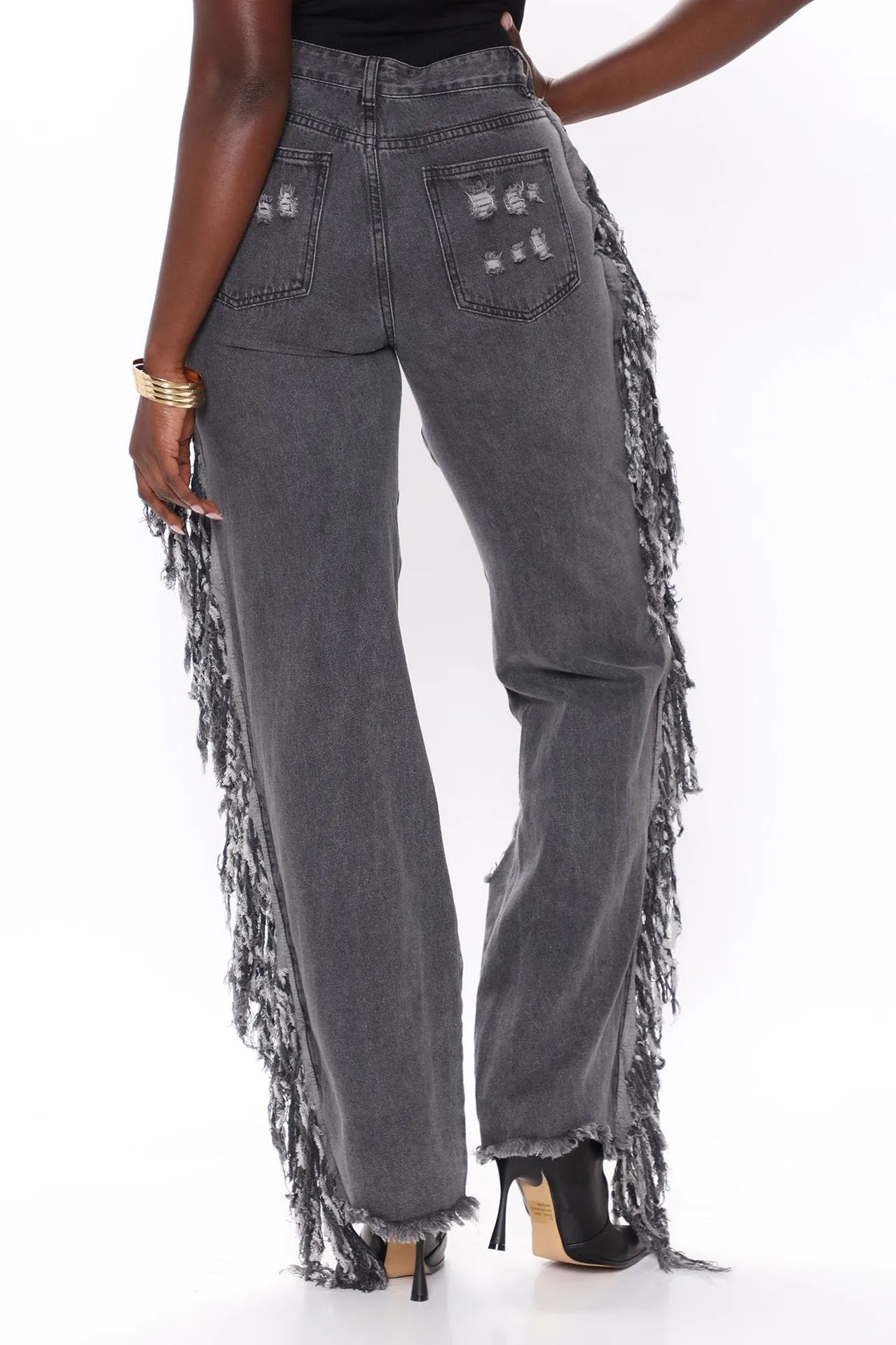 Street Hipster Sexy Big Ripped Tassel Straight Wide Leg Denim Trousers
