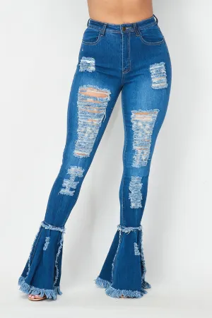 Super High Waisted Distressed Flare Jeans  - Denim